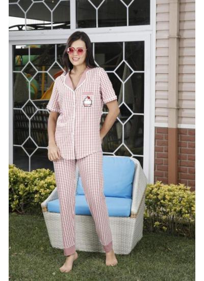 Kadın Teknur Pitikareli Düğmeli Pijama Takımı Pembe-Beyaz