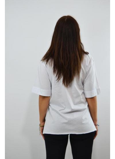 Brown Leopar Baskılı Duble Kol Yırtmaçlı Kadın T-Shirt Beyaz