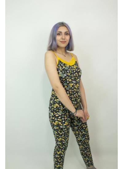 Kadın Teknur Papatya Desenli Askılı Pijama Takımı Sarı-Siyah