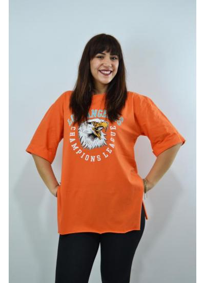 Los Angeles Baskılı Duble Kol Yırtmaçlı Oversize Kadın T-Shirt Turuncu