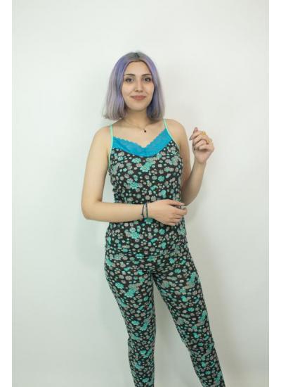 Kadın Teknur Papatya Desenli Askılı Pijama Takımı Mavi-Siyah