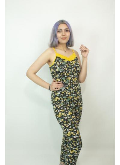 Kadın Teknur Papatya Desenli Askılı Pijama Takımı Sarı-Siyah