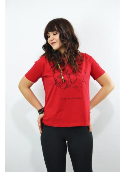 Basic Kız Desenli Kadın T-Shirt Kırmızı