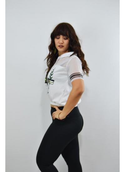 Baskılı Fileli Kapüşonlu Kadın T-Shirt Beyaz