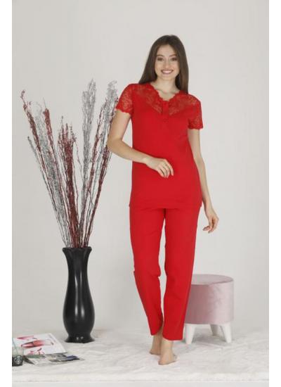 Kadın Teknur Yakası ve Kolu Dantelli Modal Kumaş Pijama Takımı Kırmızı