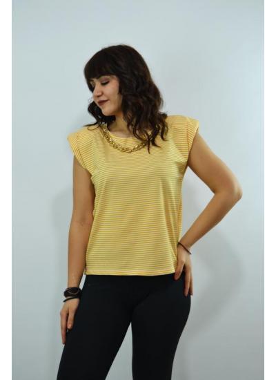 Kadın Çizgili Vatkalı T-Shirt Sarı