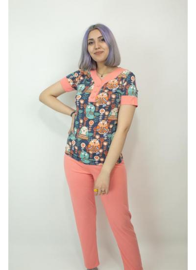 Kadın Teknur Karakter Desenli Modal Kumaş Pijama Takımı Pembe