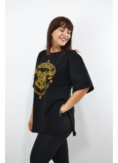Hogwarts Baskılı Duble Kol Yırtmaçlı Oversize Kadın T-Shirt Siyah