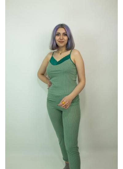 Kadın Teknur Çizgili Askılı Pijama Takımı Yeşil