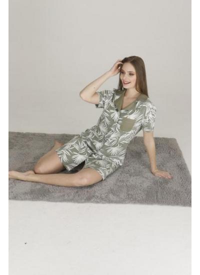 Teknur Yaprak Desenli Boydan Düğmeli Kadın Tunik Pijama Takımı Yeşil