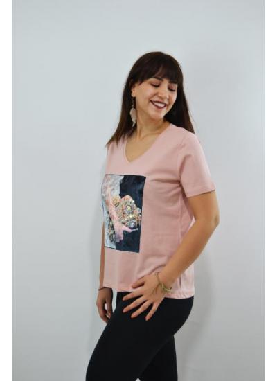 Çanta İşlemeli Kadın T-Shirt Pudra