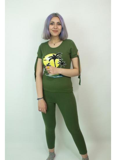 Kadın Teknur Gün Batımı Baskılı Taytlı Pijama Takımı Yeşil