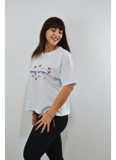 Kelebek Nakış İşlemeli Yarasa Kol Kadın T-Shirt Beyaz