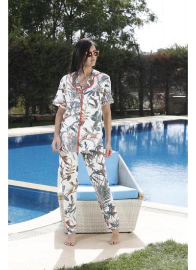 Kadın Teknur Yaprak Desenli Yaka Detaylı Düğmeli Pijama Takımı Beyaz