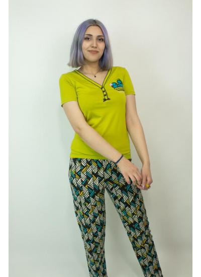 Kadın Teknur Desenli Modal Kumaş Pijama Takımı Yeşil-Siyah