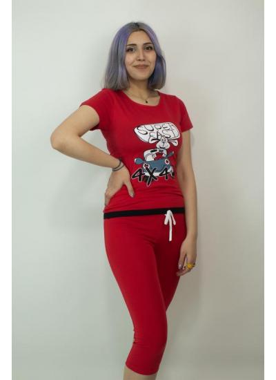 Kadın Teknur Baskılı Kapri T-Shirt Pijama Takımı Kırmızı