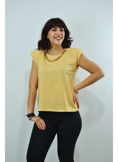 Kadın Çizgili Vatkalı T-Shirt Sarı