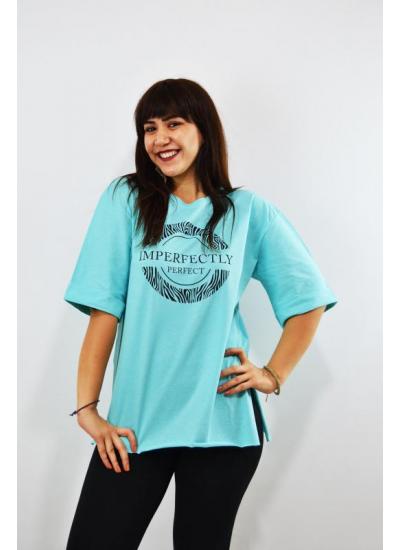 Imperfectly Baskılı Duble Kol Yırtmaçlı Oversize Kadın T-Shirt Turkuaz