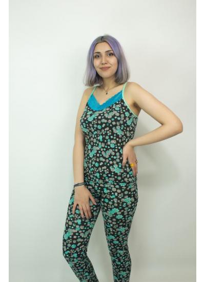 Kadın Teknur Papatya Desenli Askılı Pijama Takımı Mavi-Siyah