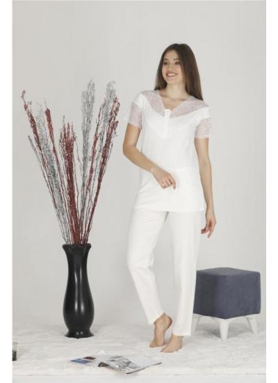 Kadın Teknur Yakası ve Kolu Dantelli Modal Kumaş Pijama Takımı Beyaz