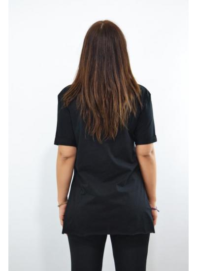 Wow Wonderfull Baskılı Taş İşlemeli Kadın Tunik T-Shirt Siyah