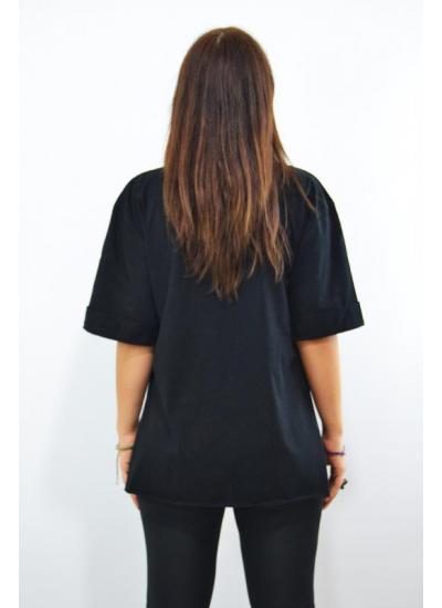 Hogwarts Baskılı Duble Kol Yırtmaçlı Oversize Kadın T-Shirt Siyah