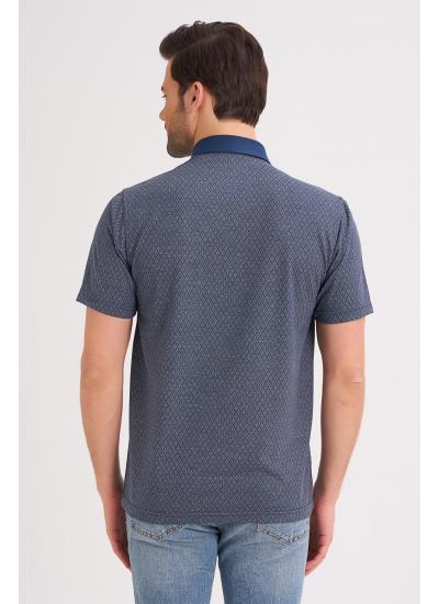 Çizgi Triko Erkek Gömlek Yaka Tişört Baklava Desenli Cepli Kolu Lastikli - İndigo