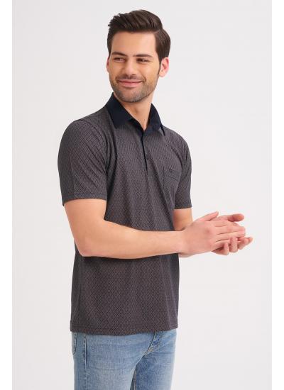 Çizgi Triko Erkek Gömlek Yaka Tişört Baklava Desenli Cepli Kolu Lastikli - Lacivert
