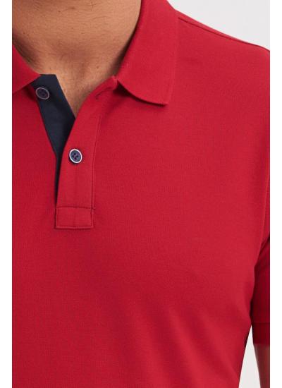 Çizgi Triko Erkek Slim Fit Polo Yaka Tişört Desenli Kolu Lastikli Kumaş %100 Pamuk - Kırmızı