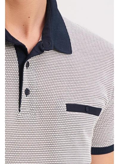 Çizgi Triko Erkek Tişört Polo Yaka Desenli Cepli Kolu Lastikli %100 Pamuk Kumaş - Beyaz