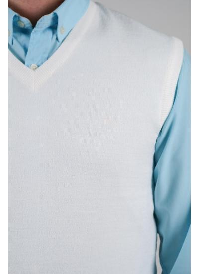 Çizgi Triko Erkek Triko Süveter V Yaka Düz Renk Bel Lastikli Kışlık Dokuma - Beyaz