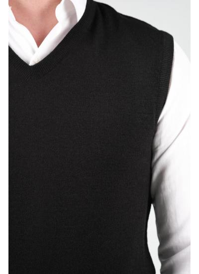 Çizgi Triko Erkek Triko Süveter V Yaka Düz Renk Bel Lastikli Kışlık Dokuma - Siyah