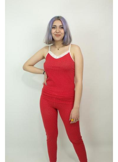 Kadın Teknur Puantiyeli Askılı Pijama Takımı Kırmızı-Beyaz
