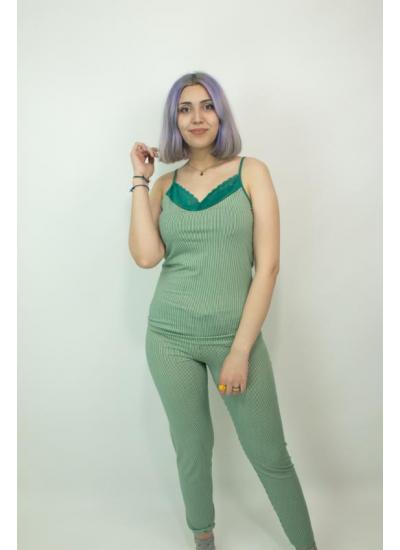 Kadın Teknur Çizgili Askılı Pijama Takımı Yeşil