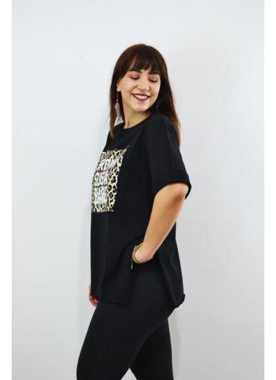 Brown Leopar Baskılı Duble Kol Yırtmaçlı Oversize Kadın T-Shirt Siyah