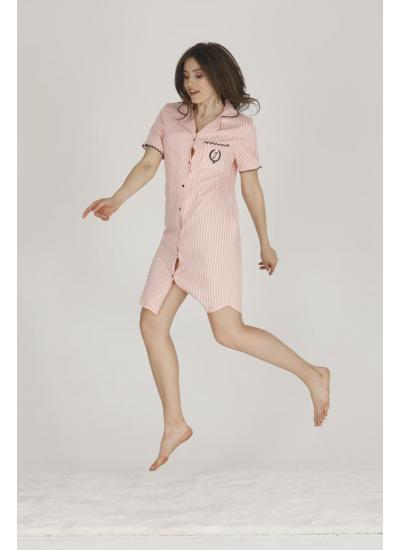 Kadın Teknur Çizgili Boydan Düğmeli Tunik Pijama Takımı Pembe