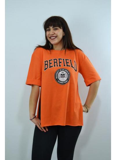 Berfield Baskılı Duble Kol Yırtmaçlı Oversize Kadın T-Shirt Turuncu