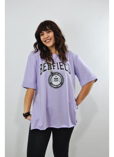 Berfield Baskılı Duble Kol Yırtmaçlı Oversize Kadın T-Shirt Lila