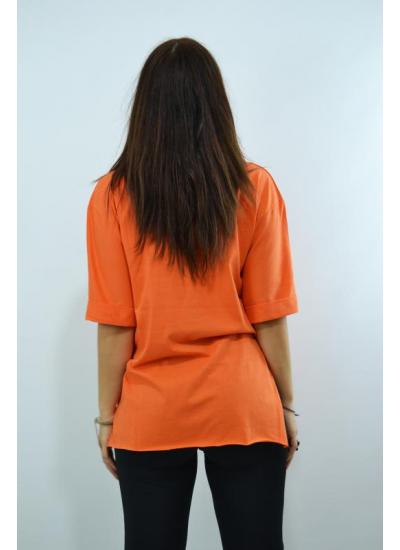 Los Angeles Baskılı Duble Kol Yırtmaçlı Oversize Kadın T-Shirt Turuncu