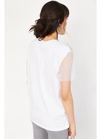 Kadın Beyaz Baskılı Taş İşlemeli Kısa Kollu Basic T-Shirt