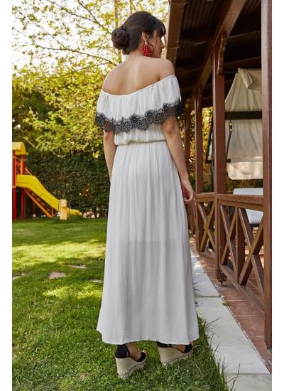 Kadın Beyaz Düşük Omuzlu Yırtmaçlı Elbise