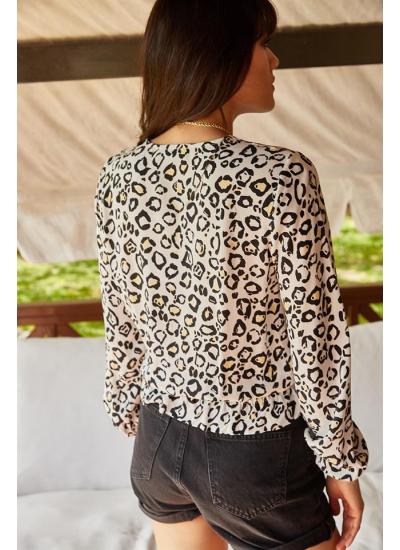 Kadın Beyaz Kruvaze Lastikli Leopar Desenli Bluz