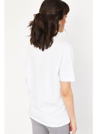 Kadın Beyaz V Yaka Taş Baskılı Kısa Kol Basic T-Shirt