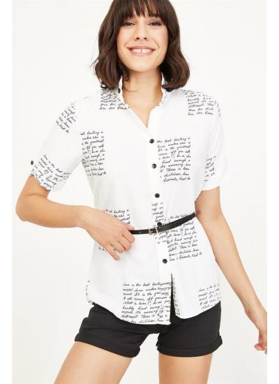 Kadın Beyaz Yazı Baskılı Gömlek