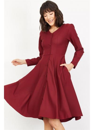 Kadın Bordo Önü Düğmeli Kloş Kesim Elbise