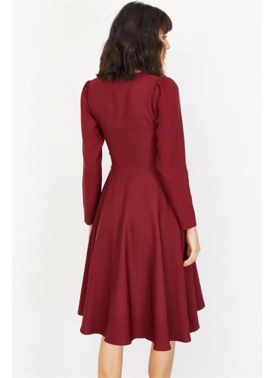 Kadın Bordo Önü Düğmeli Kloş Kesim Elbise