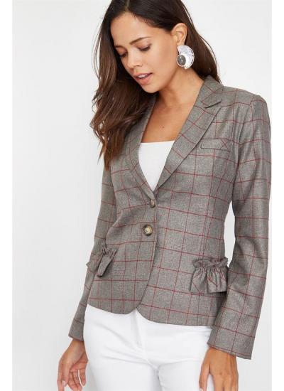 Kadın Gri Yanları Fırfırlı Ekose Desenli Ceket