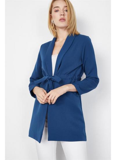 Kadın İndigo Beli Bağcıklı Ceket