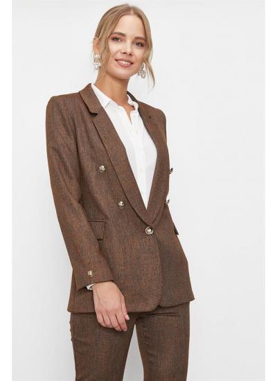 Kadın Kahverengi Düğme Detaylı Desenli Ceket