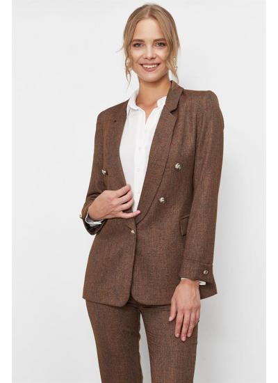 Kadın Kahverengi Düğme Detaylı Desenli Ceket